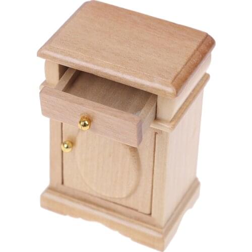 Bedroom Decoration Set Unpainted Wood Color Bedside Table Cabinet 1:12 Scale Dollhouse Miniature Furniture Toys