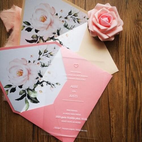 Hot Sell Frosted Wedding Acrylic Invitation Cards Various Colors Flower Envelop 10PCS Custom Vintage Invitations