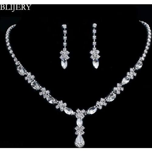 BLIJERY Elegant Crystal Jewelry Set for Women Silver Plated Teardrop Choker Necklace Earrings Sets Bridal Wedding Jewelry Sets