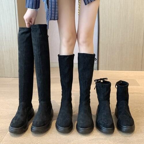 36-42 BigSize Womens Shoes for Fat Feet Thick-soled 4cm High-heeled Boots Women Korean Thin Elastic Boots Black Platform Shoes