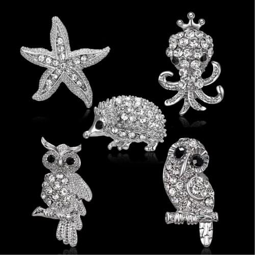 Silver Color Crystal Animal Brooch Rhinestone Alloy Owl Starfish Hedgehog Squid Clothes Pin Brooches For Women Jewelry Gifts
