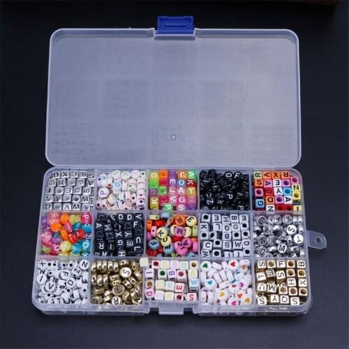 1100pcs 15 Color Acrylic Alphabet Letter Beads with 1 Roll Crystal String