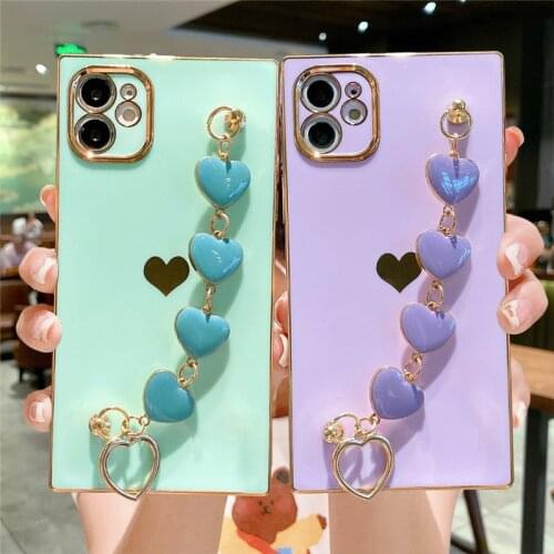 Electroplated Love Heart Phone Case For iPhone 12 11 Pro Max XS Max XR X 7 8 Plus 11Pro Wrist Strap Chain Shockproof Back Cover