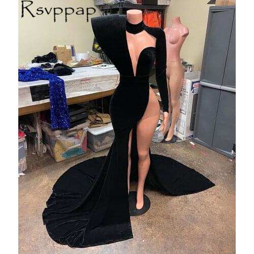 Black Mermaid African Style Long Prom Dresses 2021 Designed Wide Strap Single Long Sleeve Sexy High Slit Party Prom Gowns