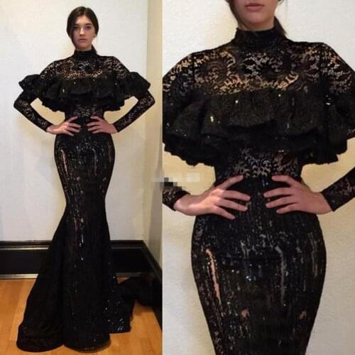 Saudi Arabia Black Lace Prom Dresses High Neck Long Sleeves Mermaid Evening Gowns Sexy See Through Women Formal Party Dress