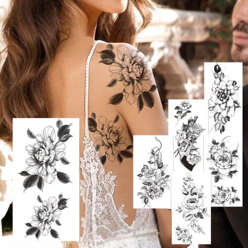 Peony Flower Temporary Tattoos For Women Female Snake Floral Tattoo Sticker Moon Plum Daisy Waterproof Tatoos Body Art Shoulder