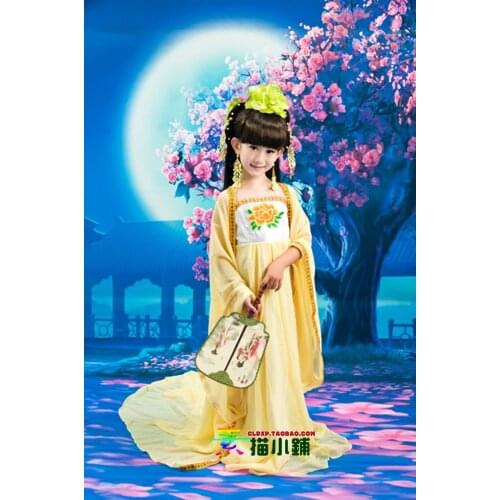 Feng Fu Liu Wind Touch the Willow Yellow and Pink Tang Dynasty Costume for Mother Daughter Tang Empress Costume for Girls
