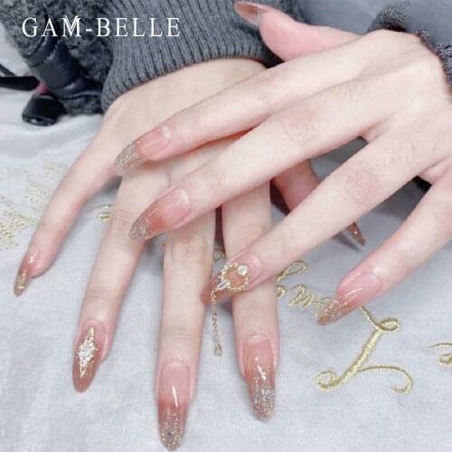 GAM-BELLE Nude Gradient Fake Nails Glitter Sequin With Rhinestones Design Full Cover False Press on Nails Art DIY Manicure Tool