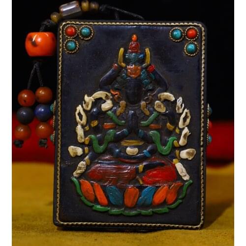 3"Tibet Temple Collection Old Natural horns Filigree mosaic Gem Dzi Bead Quasi tifomu Amulet Pendant Town House Exorcism