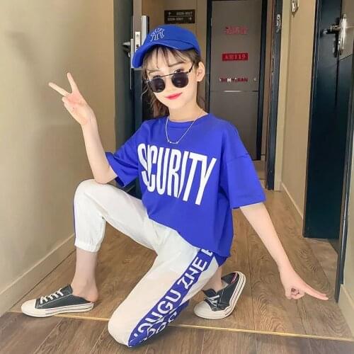 Summer Teenage Girls Clothing Suit Short-sleeve Letter Top + Pants Cute Two-piece Suit Tracksuit for Children 6 8 10 12 14 Year