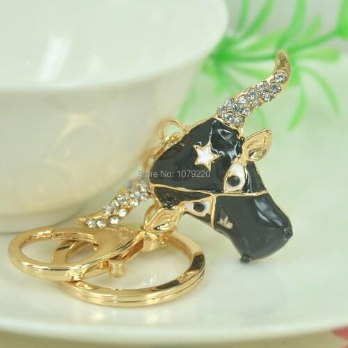 Creative Jewelry Black Cow Head Keychain Cattle Charms Star Key Chain Key Holder Charm Pendants Rhinestone Accessories Gift