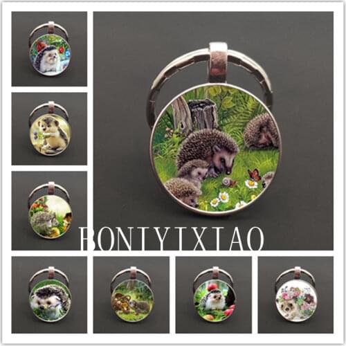 Cute Hedgehog Keychain Handmade Lovely Cartoon Photo Animal Women Glass Cabochon Key Rings Key Chains Gift for Girls