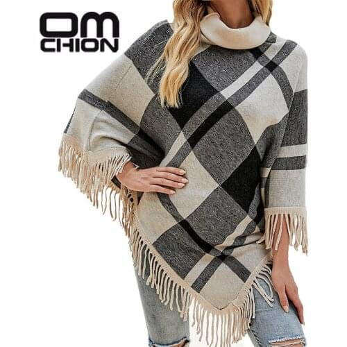 OMCHION Korean Fashion Ponchos 2021 New Turtleneck Batwing Sleeve Sweater Coat Women Tassel Cloak Shawl Plaid Loose Coat QD07