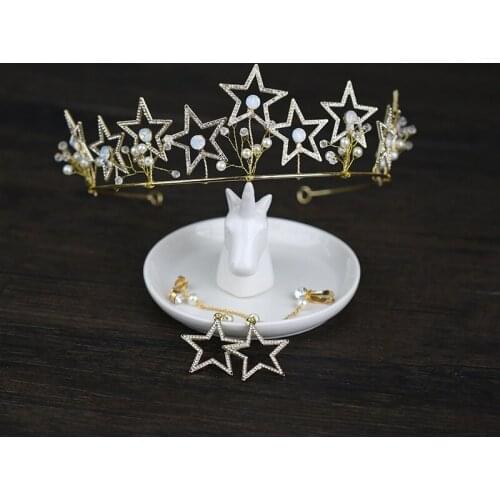 FORSEVEN Gold Color Fashion Jewelry Shining Rhinestone Star Crown Tiaras Earring Bridal Princess Wedding Party Hair Accessories