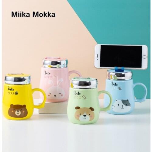 Cartoon Animal Ceramic Mug with Mirror Lid Creative Coffee Mug with Phone Holder Cute Bear Rabbit Cat Water Cup Milk Cup 480ml