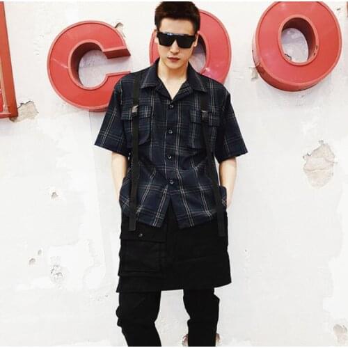 Man shirt men singer personality Loose tooling shirts Hip hop lattice short sleeve shirt men stage homme summer b674