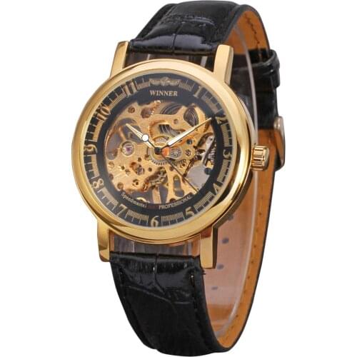 T-WINNER Fashion waterproof business mens watches classic black leather strap hollow dial automatic mechanical watches