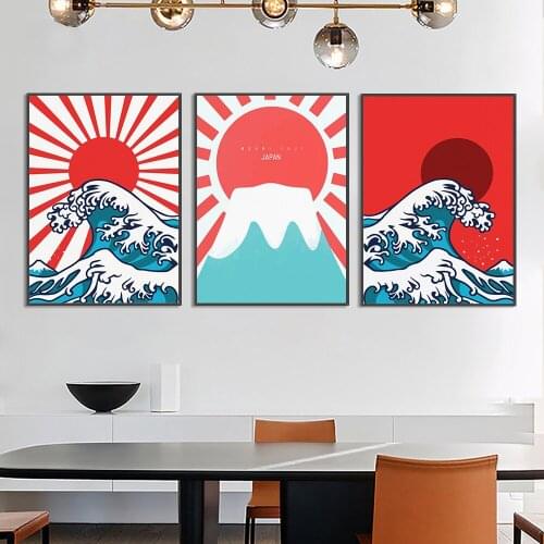 Japan Sunrise Over The Sea Wall Art Mount Fuji Wave Landscape Canvas Painting Classical Poster and Print Picture Home Decoration