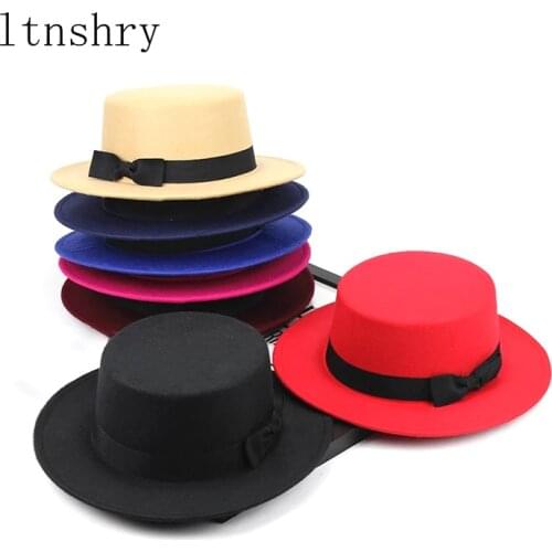 New artificial wool Jazz Felt Flat Top Hat Autumn Winter For Womens Felt Wide Brim Fedora Hat gorros mujer invierno Top Hat
