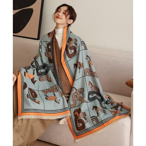New Woman Fashion European And American Style Horse Pattern Printing Cashmere Shawl Multifunction Warm Scarf Gift