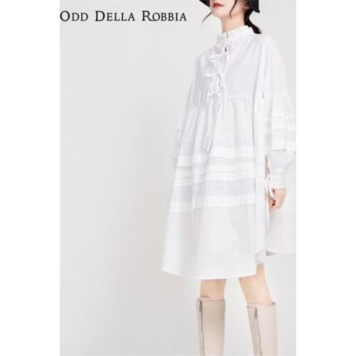 OddDellaRobbia Spring 2021 Womens Gothic Lolita Stand-Up Collar Lace Crease Shirt Dress Two-Sided Lace-Up Puff Sleeve Dress1150