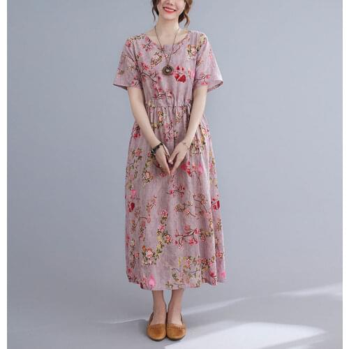 Summer Womens Dress Floral Print Casual Loose O-neck Cotton Linen Ladies Dress Fashion Elegant Lady Dresses Clothing Plus Size