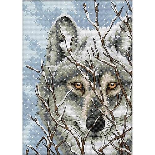 Full Range of Embroidery Starter Kits Stamped Cross Stitch Kits Beginners for DIY Embroidery with Wolf in Snow Pattern Designs
