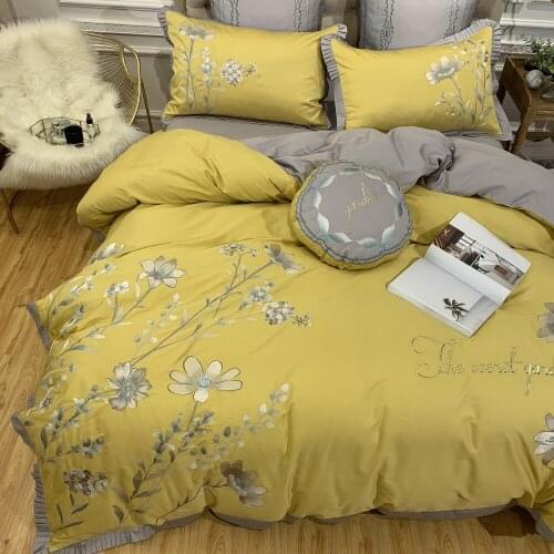 Luxury Egyptian cotton Embroidered Bedding sets Queen King Pastoral Duvet cover Bed sheet set Pillowcases 4/6pcs yellow