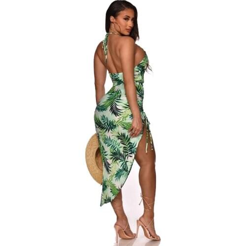 Setiadia Summer Women printing Dress Sexy Party Fork pump Sundress Prom green Dresses birthday outfits For Womans Clothing 2021