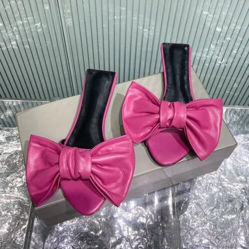 Summer Women Shoes Bow Knot Female Concise Slippers Beach Solid Color Chaussure Pointed Toe Slides Black Flats Fashion