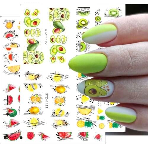 4pc Avocado Nail Sliders Summer Design Fruit With Geometric Lines Water Decals Kiwi Lemon Sticker Paper Nail Accessory BEI15-I17