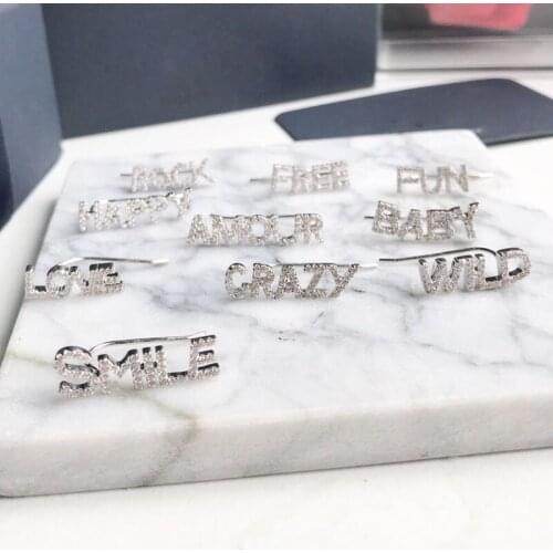 SOELLE 1 Piece 925 Sterling Silver Cubic Zirconia AMOUR SMILE ROCK CRAZY BABY FREE WILD FUN HAPPY LOVE Letter Earring for Women