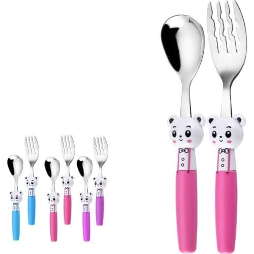 2 Pcs Baby Spoon Fork Set Safety Stainless Steel Children Feeding Cutlery Utensil panda type handle Toddler Infant Dinnerware