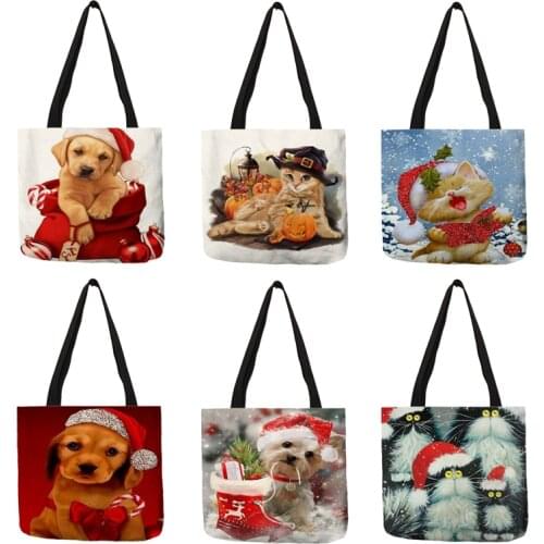 Fashion Women Girls Tote Bag Christmas Animal Dogs Cats Pattern Handbags Eco Linen Reusable Shopping Bags Shoulder Bags Gift