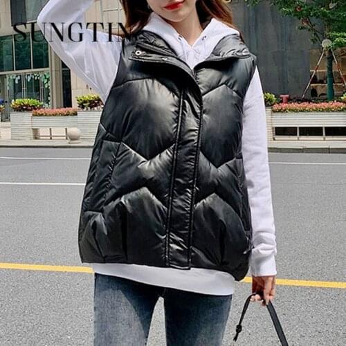 Sungtin Winter Warm Padded Black Loose Vest Women Oversized Fashion Bright Surface Sleeveless Parkas Jacket Korean Causal Coats