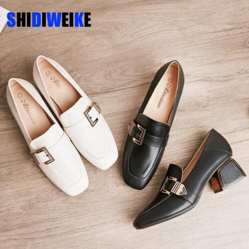 2021 Single Shoes Woman High Heels Women Pumps Square toe Pattern Buckle Thick Heel British Female Genuine Leather Shoes AB368