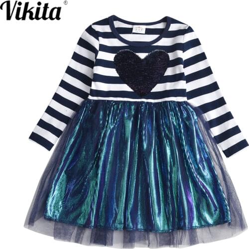 VIKITA Girls Striped Dress Toddler Baby Girls Princess Dress Kids Sequins Tutu Party Prom Wedding Dress Children Heart Dresses