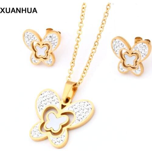 XUANHUA Stainless Steel Jewelry Sets for Women Shell Crystal Butterfly Pendant Necklace Stud Earrings Fashion Gold-color Gift