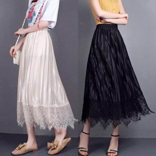 Women Elegant Pleated Lace Skirt Ladies Vintage Solid Casual Mid-Calf Chiffon Empire Skirts Party Fashion