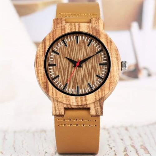 Zebrawood Female Quartz Wristwatch Brown Genuine Leather Wrist Watch Nail Serrated Surface Red Seconds Display Ladies Wood Watch