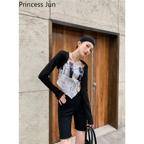 Women Fashion Design Stitching Print T-Shirts Detachable Sleeve Tight-fitting Irregular Crop Top Retro Chic Slim Bottoming Shirt