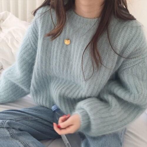 2021 O-neck Mink Fake Fur Mohair Sweater Womens Fleece-Lined Thickened Pullover Base Winter Loose Oversized PullMohair