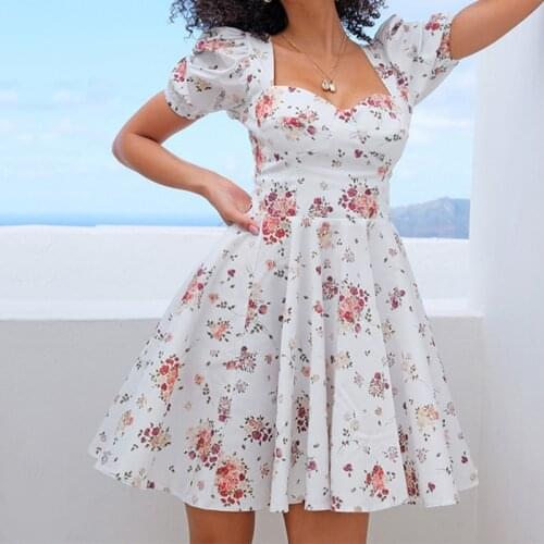 Puff Sleeve Print Womens Mini Dress Sweet Square Collar Backless Female Pleated Dresses 2021 Summer New Fashion Ladies Clothes