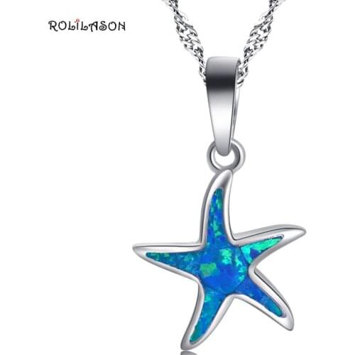 ROLILASON Classic stars design Special gift for Women Blue fire opal silver Necklace Pendant Fashion Jewelry OP784