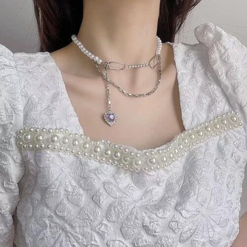 Origin Summer Exquisite Love Heart Rhinestone Pendant Necklace for Women Simulation Pearl Asymmetry Beaded Necklace Jewelry