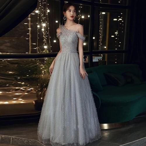 Evening Dress Pearls Elegant V-Neck Empire Short Sleeves Bling Floor-Length Lace Up Pleat A-Line Woman Formal Party Gowns A1013