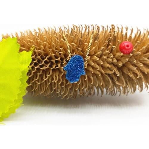 1pc/lot)925 Sterling Silver Natural Hamsa Druzy Necklace Hamsa Druzy Necklace for gift Choker Necklace for weomen with O chain