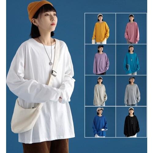 2021 New Spring Autumn Long Sleeve T-Shirt Women Oversize Casual Women Loose Top O-Neck 10Colors Female Basice Tee aq169