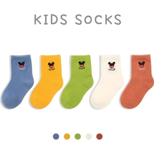 5 Pairs/Lot Boy Girls Socks Children Spring Disney Cartoon Mickey Cotton Solid Color Ankle Socks Kids 6-12Y