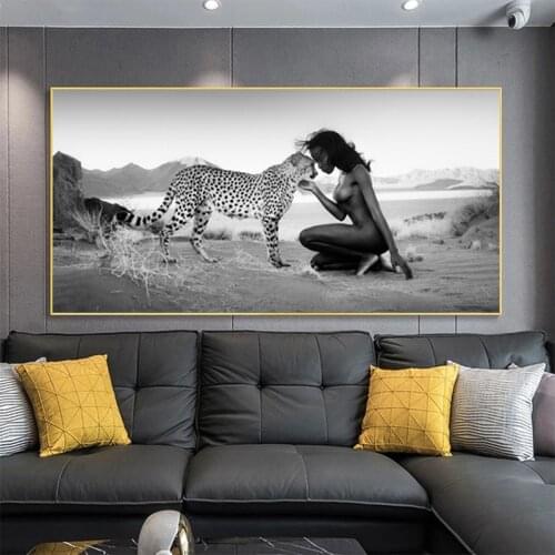 African Nude Woman and Snow Leopard Canvas Painting Human and Nature Posters and Prints Wall Art Picture Cuadros Home Room Decor